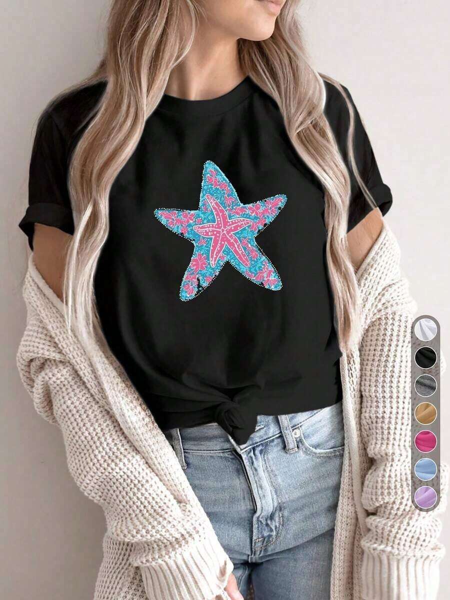 Women's Casual Sports T-Shirt | Round Neck, Starfish Floral Print, High Elasticity Fabric, Ideal For All Seasons And Summer Beach Outings - 黑色 - 查看 1