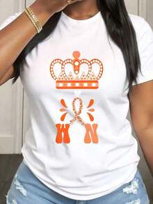 Women's Plus Size T-Shirt I Won Queen, Casual, Short Sleeve, Round Neck, Medium Elasticity Fabric, Suitable For Spring, Summer And Autumn Casual Outfits, Machine Washable, Fun Design - White - View 1