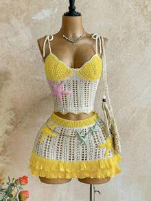 Conjunto de 2 piezas para mujer: Top de punto calado de color contrastante y falda mini con doble volante, adecuado para la playa, cruceros y festivales de música - amarillo ganso - Ver 11