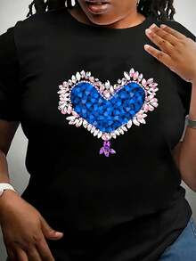 Plus Size Women's Blue Heart Sequin T-Shirt - Round Neck With Pink And White Trim, Short Sleeve, Comfortable Blouse Suitable For All Seasons, Casual Wear, Machine Washable Plus Size T-Shirts - High Quality - 黑色 - 查看 1