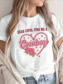 1 camiseta de manga corta Olist. Querido Cupido, por favor, busca un diseño de San Valentín con un patrón de corazón de vaquero para mí. Es casual, ligera y cómoda, adecuada para fiestas y uso diario. 180g 100% Algodón. - Blanco - Ver 11