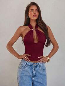 Camiseta sin espalda con cuello halter y decoración de hebilla de metal hueca sexy para mujer - Burdeos - Ver 8