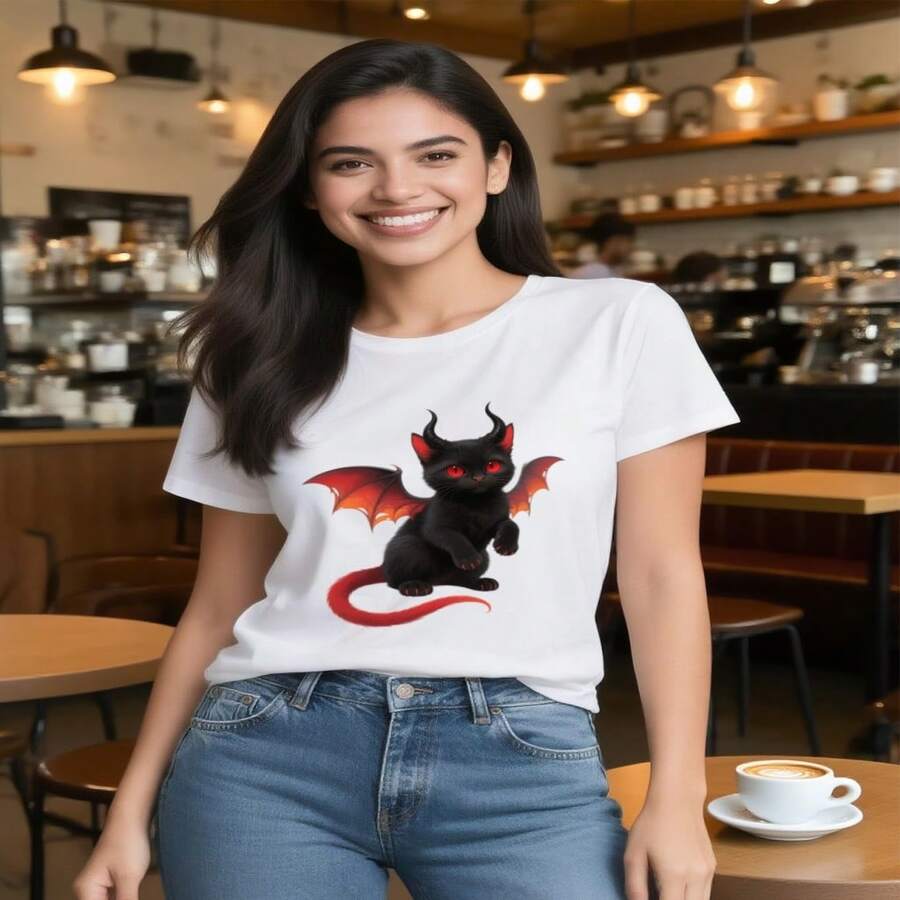Women's Sexy Casual Cotton Round Neck Short Sleeve T-Shirt with Devil Cat Print - Blanco - Ver 1
