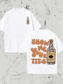 Camiseta gráfica informal de corte holgado para mujer con la frase "Show Me Your Tito's", transpirable y cómoda, de manga corta y cuello redondo, diseño de Tito's Vodka con estampado de leopardo negro, de algodón suave, perfecta para uso diario y estilo callejero de despedida de soltera. - Blanco - Ver 6