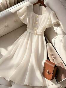 Vestido midi con cuello cuadrado, volantes en la cintura y pliegues para mujer - Albaricoque - Ver 7