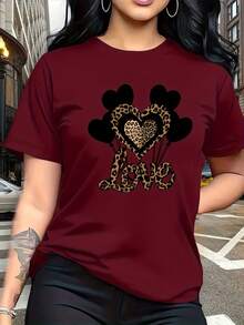 A Combination Of Wildness And Tenderness, This Black Heart-Shaped Balloon Pattern Print With Leopard Print Is Fashionable And Stylish. This Simple, Casual, Round-Neck, Short-Sleeved Women's T-Shirt Is Suitable For Activities Such As Leisure, Tourism, And Vacations. 13419 - Daily Wear, Easy To Wash And Maintain - 紅色 - 查看 2