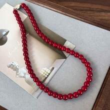 1pc New Red Round Glass Beaded Necklace, Vintage Chinese Style Ingot Clasp Choker, Minimalist Versatile Necklace Accessory - Red - View 12