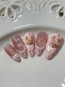 1pc Beige Rabbit Bow 5D Embossed Nail Sticker, Beige Rabbit + Pink Bow + White Lace, Ins Style Soft Nude Color Nail Art Decor Sticker With Self-Adhesive For DIY Nail Stickers - Multicolor - View 8
