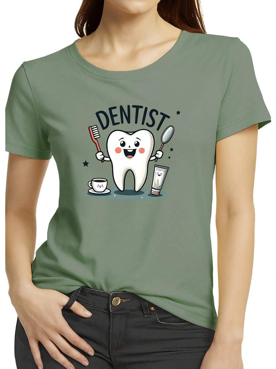 Camiseta Americana Versátil de Manga Corta, con Estampado de Dientes de Dibujos Animados y Cepillo de Dientes y Espejo, Pasta de Dientes y Taza de Café al Lado, Cuello Redondo, Estilo Nuevo de Verano 2026 para Mujer - Verde - Ver 1
