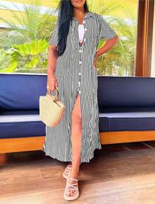 Women's Striped Maxi Dress With Front Buttons, V-Neck, And Side Slit - Loose-Fitting Casual Summer Shirt Dress In Pink, Blue, Black, And Pr - 黑色 - 查看 2