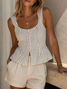 Top de tirantes con volantes y rayas verticales para mujer de verano, blusa sin mangas con cuello cuadrado y botones delanteros para playa, vacaciones, Día de la Independencia y atuendo casual - Blanco y Negro - Ver 6