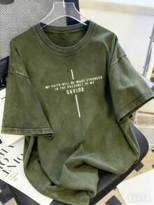 Camiseta de algodón lavado con estampado de texto religioso, estilo casual urbano, adecuada para salir, uso diario, deportes al aire libre y ocasiones para regalar, 180g 100% algodón. - Gris - Ver 7