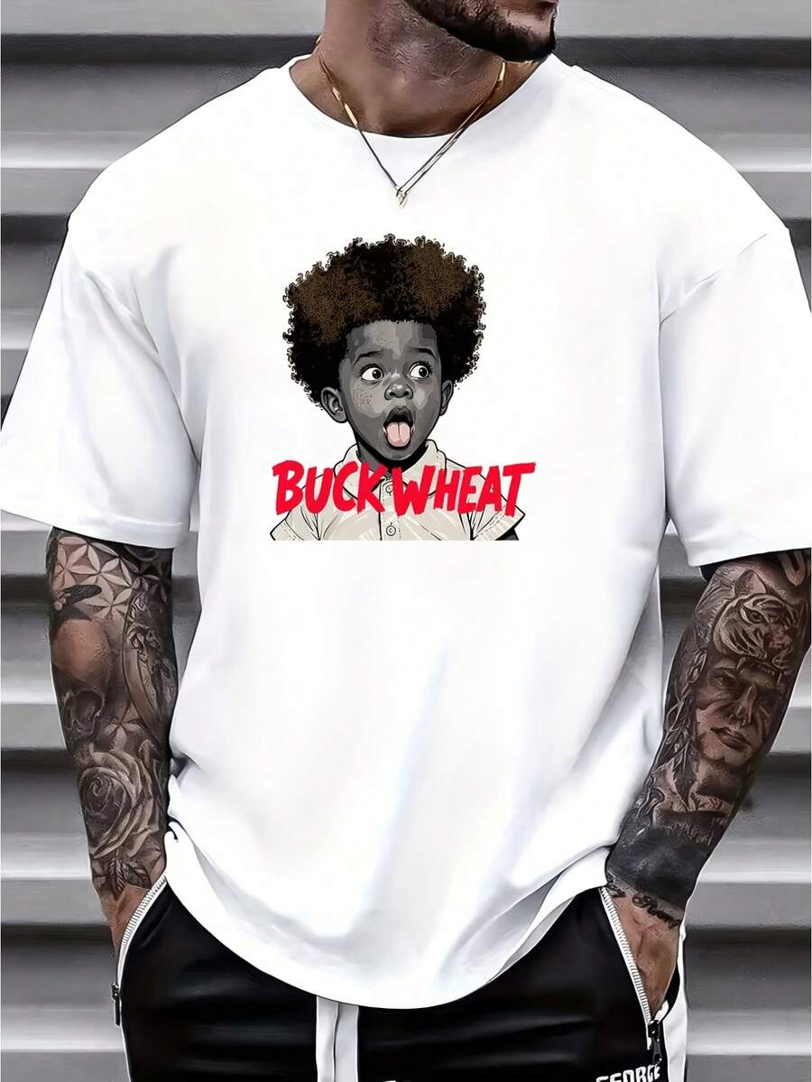 Camiseta con estampado de trigo sarraceno, camisa casual de manga corta de algodón puro para hombre, regalo elegante, adecuada para reuniones con amigos y familiares, esencial para actividades grupales, camiseta para fiestas navideñas. - Blanco - Ver 1