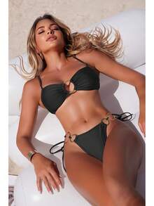 Traje de baño bikini de dos piezas con anillo decorativo de color sólido y correa para el cuello. - 9339 Bikini marrón - Ver 8