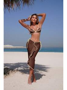 Nuevo traje de baño de tres piezas para mujer, de color sólido, moderno y sexy, con falda larga y estilo bikini. - 9333 Juego de tres piezas negro - Ver 8