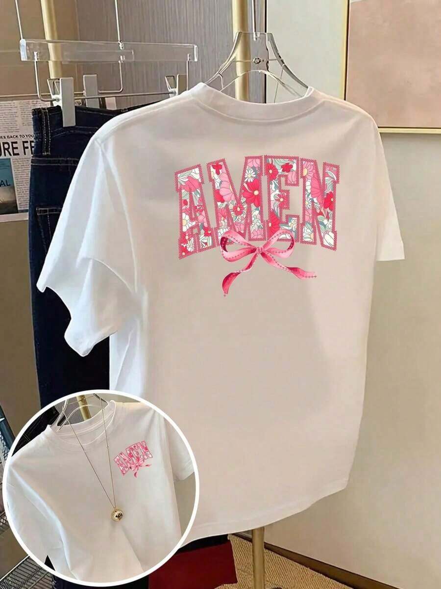 Camiseta Casual Minimalista de Verano, Nueva Colección de Moda para Mujer, AMEN, Estampado Floral en la Parte Delantera y Trasera, Mangas Cortas Elegantes, Diseño de Doble Cara - Estilo Único, Ropa Casual de Uso Diario para Mujer - Camiseta Casual de Cuello Redondo, Elasticidad Media - Ajuste Cómodo. - Blanco - Ver 1