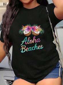Camiseta de Moda Talla, Camiseta Estampada de Verano% Algodón para Mujer, Camiseta Talla con Estampado Tropical de Playa Aloha y Cocotero - Estampado de Flores Amarillas Hawaianas y Palmeras, Camiseta Casual con Cuello Redondo y Estampado de Letras Aloha Beach, Adecuada para Todas las Temporadas, Perfecta para Vacaciones en la Playa y Uso Casual, Ropa de Verano Estilo Hawaiano. Camiseta unisex de algodón holgada de manga corta y cuello redondo estilo vintage urbano - Negro - Ver 6