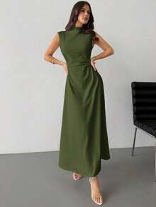 Vestido maxi de línea A con cuello alto, sin mangas, con volantes, elegante y romántico, color blanco, adecuado para citas, uso diario y el trabajo - Verde militar - Ver 2