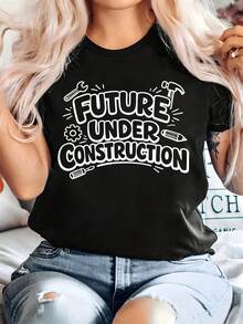 Camiseta de algodón puro FUTUREERCONSTRUCTION con estampado creativo de herramientas y elementos de construcción, talla grande, manga corta, para mujer, talla extra grande 08XL, estilo casual, estampado de moda, cuello redondo, suave, ropa adecuada para uso diario, estilo básico y moderno, diseño único, adecuada para todas las estaciones, estilo casual y holgado, camiseta con estampado curvado, diseño elegante y divertido, cómoda de llevar, regalo perfecto. - Negro - Ver 7