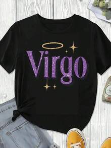 Elegante y casual para mujer, manga corta, camiseta blanca con estampado del signo zodiacal Virgo para mujer, ropa casual de verano, top de moda con temática de astrología. - Negro - Ver 3