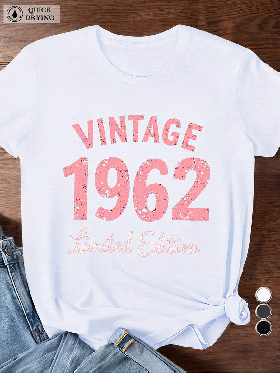 Camiseta Vintage de 1962 con Estampado de Letras para Mujer, Nueva, Versátil, Casual, Ajustada, de Manga Corta para Verano - Blanco - Ver 1