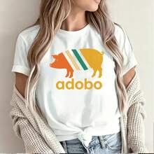 adobo pig design for women's short sleeve t-shirt vibrant colorful print inspired by mexican culture retro style graphic for casual wear unique fashion statement piece trendy apparel option for summer season comfortable and stylish clothing choice for everyday use. - Blanco - Ver 2