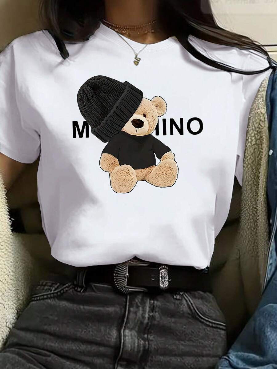 Nueva Camiseta Básica con Estampado de Oso para Primavera y Verano, Ideal para Uso Diario, Salidas, Montañismo, Compras y Citas, Ropa de Mujer para Primavera - Blanco - Ver 1