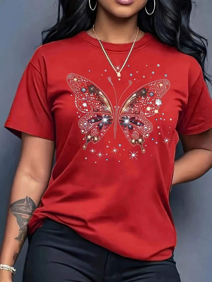 Short-Sleeved T-Shirt With A Gold Butterfly Print, Casual Style - Soft Fabric, Perfect Choice For Summer. Comfortable Women's Fashion - Soft And Breathable, Suitable For Everyday Casual Wear - Unisex Loose-Fitting Cotton T-Shirt With Short Sleeves And A Round Neck, Urban Vintage Style. - 紅色 - 查看 1