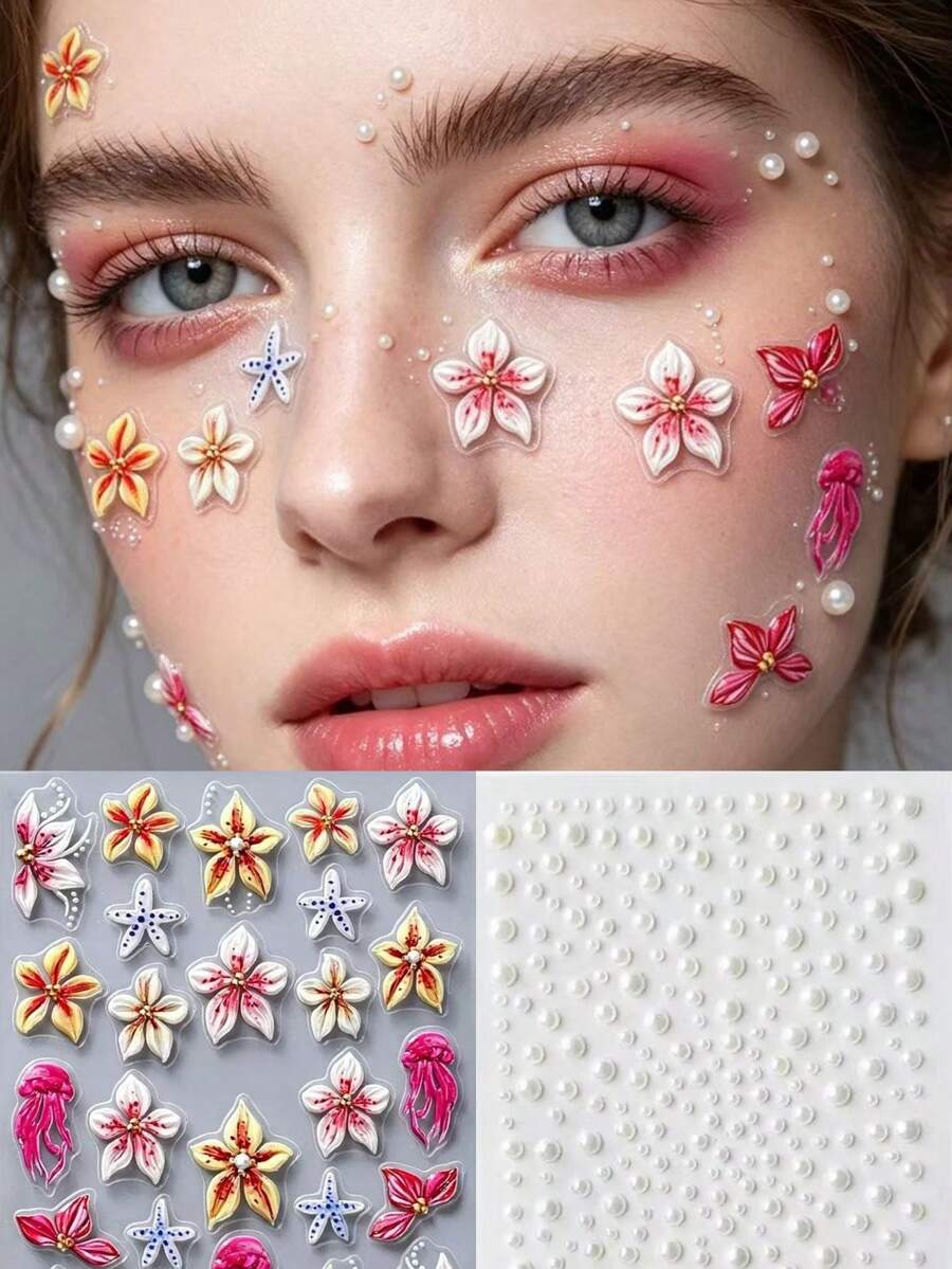 1件欧美风海洋花卉创意妆容 | 3D花朵、海星和水母面部装饰,搭配珍珠点缀,配以柔和粉色眼妆和水润唇妆,打造清新优雅的夏季限量版妆容。Y2K、面部闪粉、嘉年华、面部贴纸、3D贴纸、面部宝石、装饰贴纸 - 彩色 - 查看 1