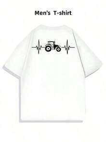 GiftCamiseta con Estampado de Latidos de Corazón de Tractor, Camiseta para Hombre con Estampado de Doble Cara, Moderna, Casual, Cuello Redondo, 220 g/m2, Algodón Puro (1 Pieza)Soft - Negro - Ver 4