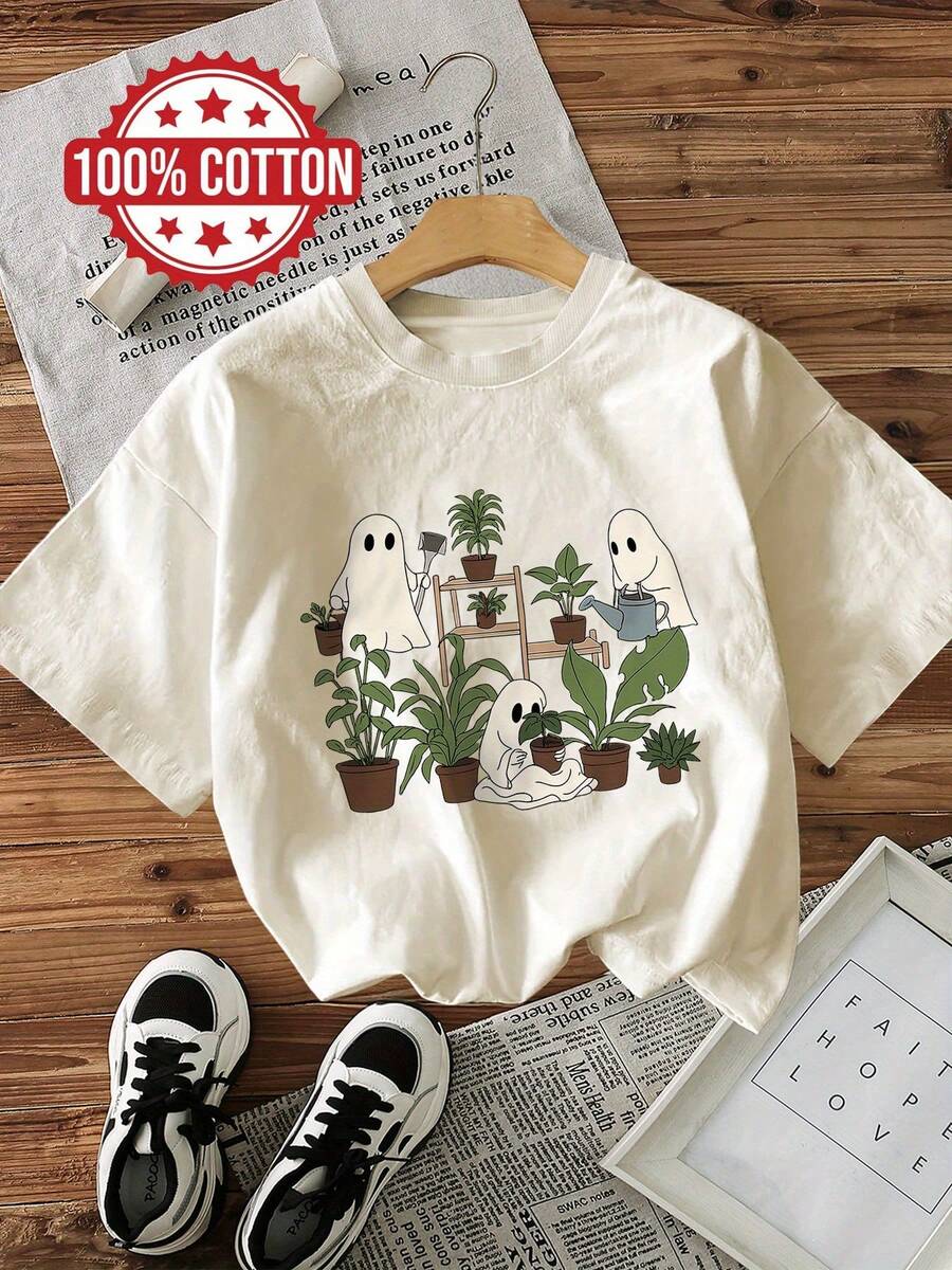 Camiseta de edición limitada con estampado gráfico, manga corta, cuello redondo, top casual para verano y primavera, ropa de mujer, algodón ligero. - Albaricoque - Ver 1