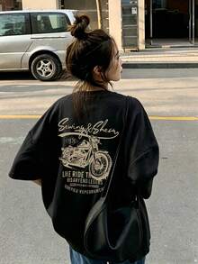 Edición Limitada: Camiseta de Manga Corta para Mujer con Estampado de Letras de Motocicleta Retro, Cuello Redondo, Estilo Holgado, Ligera de Algodón, Moda Básica de Verano - Negro - Ver 12