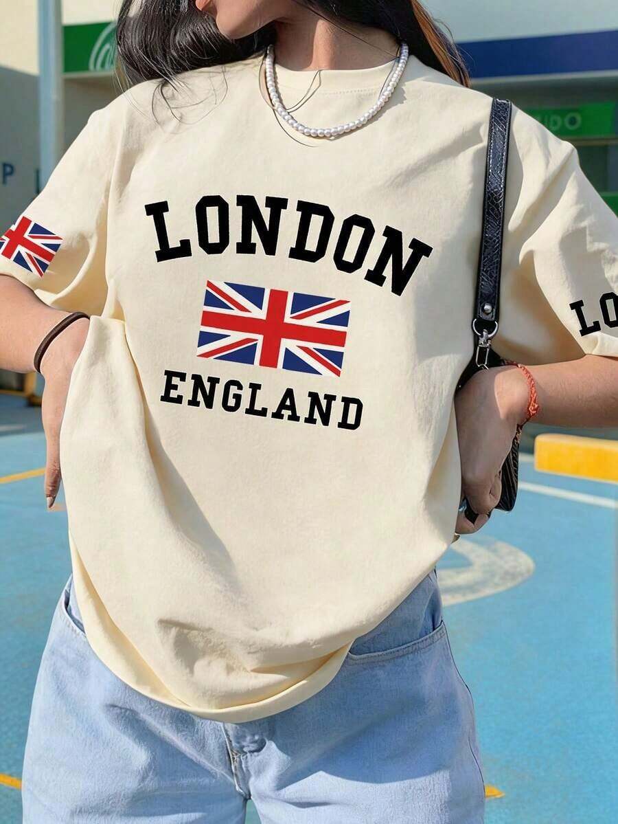 1 Piece Casual Fashion Men's And Women's T-Shirt, 100% Heavy Cotton, Loose Short Sleeve, Printed With "LONDON ENGLAND" And British Flag Pattern, Breathable And Comfortable, Versatile Casual Wear, Retro American College Style, Suitable For Urban Outings, College Campus Looks And British Themed Parties. Versatile For Summer, Easy To Match, For Daily Wear, Urban Style, Holiday Outfits, Weekend Outfits. - 杏 - 查看 1