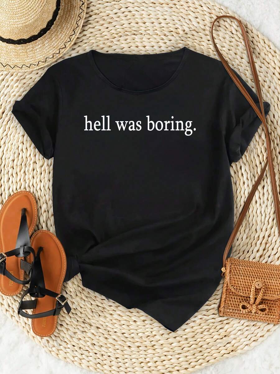 Camiseta deportiva casual holgada y ligera para mujer, con estampado "Hell was Boring", de manga corta y ajuste cómodo, una prenda casual elegante y transpirable para uso diario en verano. - Negro - Ver 1