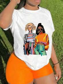 Ropa Curvy En Oferta Y  Una Camiseta De Manga Corta Para Mujer, Transpirable, Suave Y Casual, Adecuada Para Actividades Al Aire Libre En Primavera Y Verano.Camiseta Casual De Manga Corta Con Cuello Redondo Para Mujer - Moderna, Con Estampado De Doble IlustracióN Femenina, Lavable A MáQuina, De Tela Suave Y Transpirable, CóModa Para El Uso Diario En Todas Las Estaciones, Material No Transparente.Blusas Para Mujer,Blusas Casuales Para Dama,Tops,, Mujer Premium,Y2K,Playeras De Mujer Curvy,Ofertas Y Liquidaciones Ropa Mujer,Playeras Deportivas Para Mujer,,Playeras De Hombre, Mujer,Blusas>Elegante XVPTCamisetas Para Mujer Y2K - Blanco - Ver 1