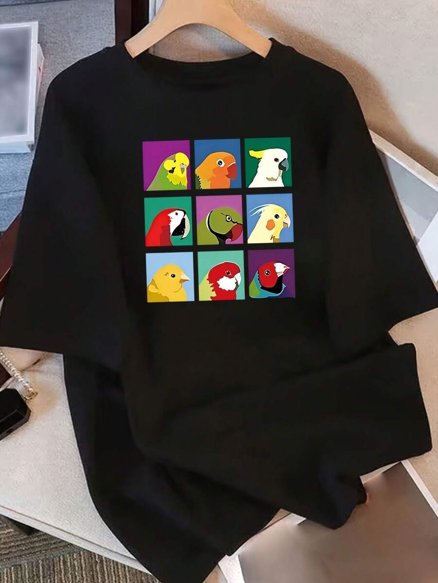 Camiseta de manga corta de algodón puro para mujer con estampado de diseño único, nuevo estilo de verano 2025, corte holgado, top adelgazante para estudiantes. - Negro - Ver 1