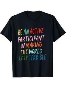 Camiseta de manga larga con frase divertida |   Sé un participante activo en la mejora del mundo, camiseta gráfica inspiradora, de peso pesado 180 g/m², 100% cuello redondo, gris claro con estampado grande y colorido, estilo casual, adecuada para todas las estaciones, cuello redondo, talla grande. - Negro - Ver 2