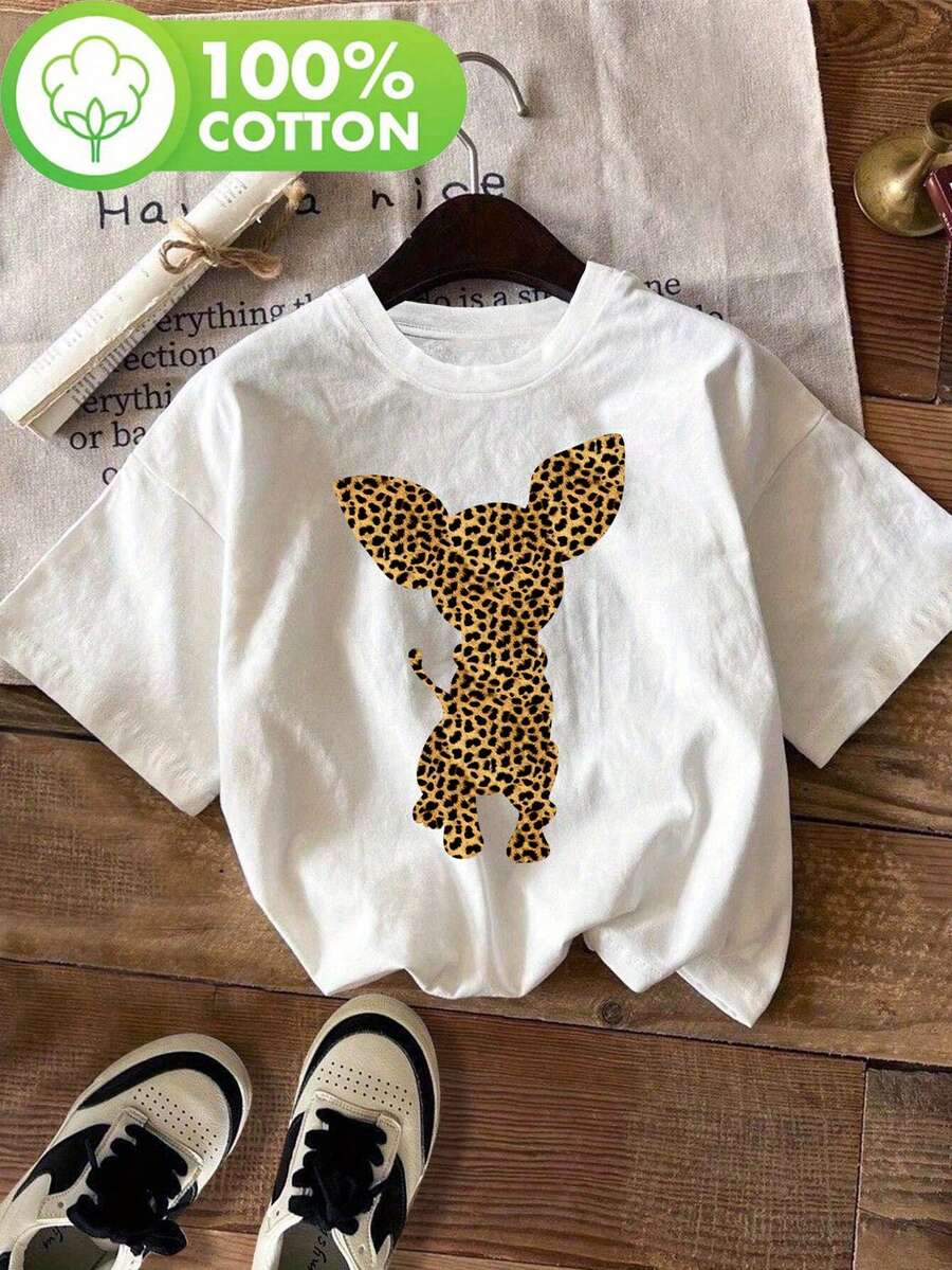 Short-Sleeved, Round-Neck T-Shirt With A Chihuahua And Leopard Print, Perfect For A Casual Spring And Summer Look, Designed For Women. Loose And Comfortable. - White - View 1