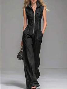 Women's Denim Sleeveless Zipper Front Jumpsuit, High Neck Wide Leg Jumpsuit With Contrast Stitching, Casual Streetwear Outfit - màu đen - Xem 8
