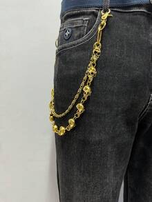 1pc Gothic Style Skull Decor Double-Layer Pants Chain, Suitable For Men And Women Daily Wear (Golden Color, Black Buttons And Rings Are Normal) - Multicolor - View 11