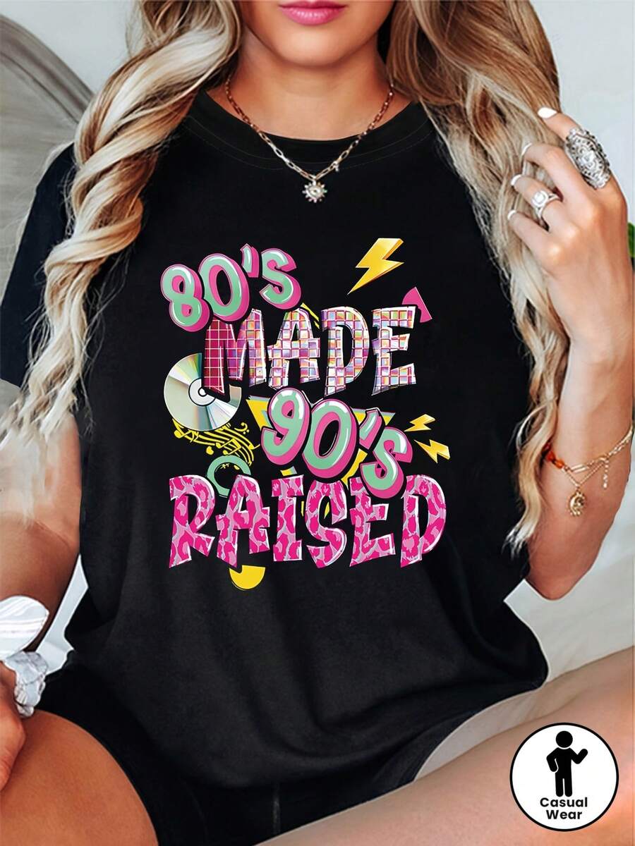 Plus Size Women's Casual Round-Neck T-Shirt - 80'S MADE 90'S RAISED Design With CD And Music Note Patterns - Nostalgic Style From The 80S And 90S - Perfect For Spring And Summer - Black - View 1