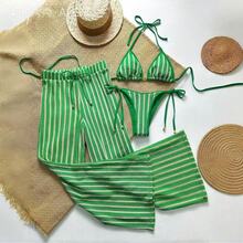 Sexy Striped Print Swimsuit Bikini Three-Piece Set With Long Pants For Women - Green - View 3