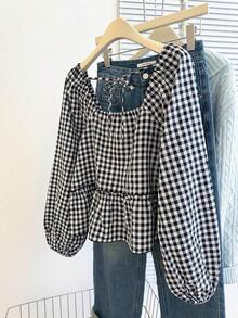 Blusa con volantes en el bajo, nueva llegada de otoño para mujer - Blanco y Negro - Ver 2