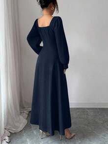 YHHElenzga Vestido largo elegante de mujer con cuello cuadrado, mangas abultadas y cintura ceñida, adecuado para el uso diarioYHH - Azul marino - Ver 2