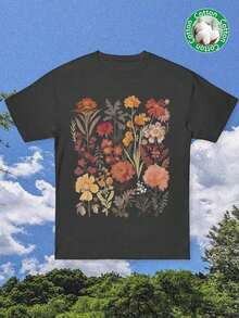 Unique T-Shirt With Vintage Wildflower Print, Bohemian And Natural Style, Ideal For Relaxed And Stylish Looks. - Black - View 8