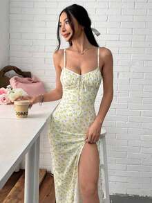 Vestido de tirantes con abertura lateral y estampado floral diminuto para vacaciones de mujer - Amarillo - Ver 5
