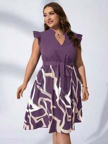 Vestido con estampado gráfico, cuello con muesca, volantes, cinturón, lunares, vestidos para mujer, vestidos casuales de primavera, vestidos de picnic, vestidos de verano, vestidos de primavera, vestidos de festival, vestidos de Pascua, vestid - Morado Violeta - Ver 7
