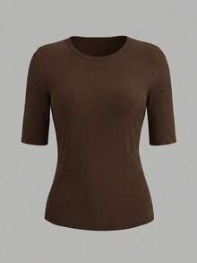 Nueva Ropa 2026 Selamara, Camiseta Casual de Manga Corta para Mujer en Color Sólido, Versátil para el Verano - Marrón - Ver 3