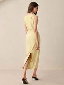 Vestido de satén con hebilla asimétrica de metal, nuevo para primavera/verano.Elegante y chic para el día a día, romántico estilo retro de los 90.Adecuado para Navidad, Año Nuevo, San Valentín, fiestas, playa, graduación, moda, carnaval, bodas, - Amarillo - Ver 4