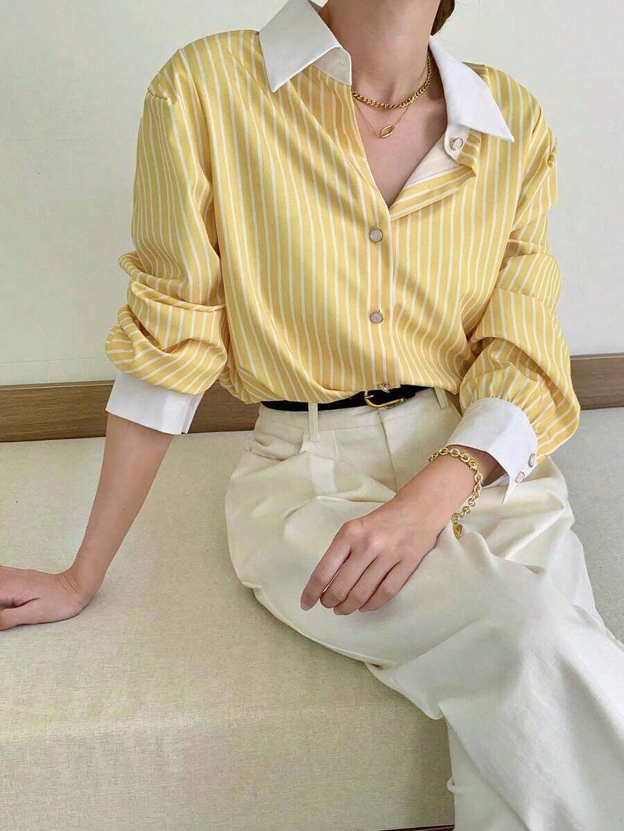 Camisa con botones con estampado de rayas, Top de manga larga - Amarillo - Ver 1